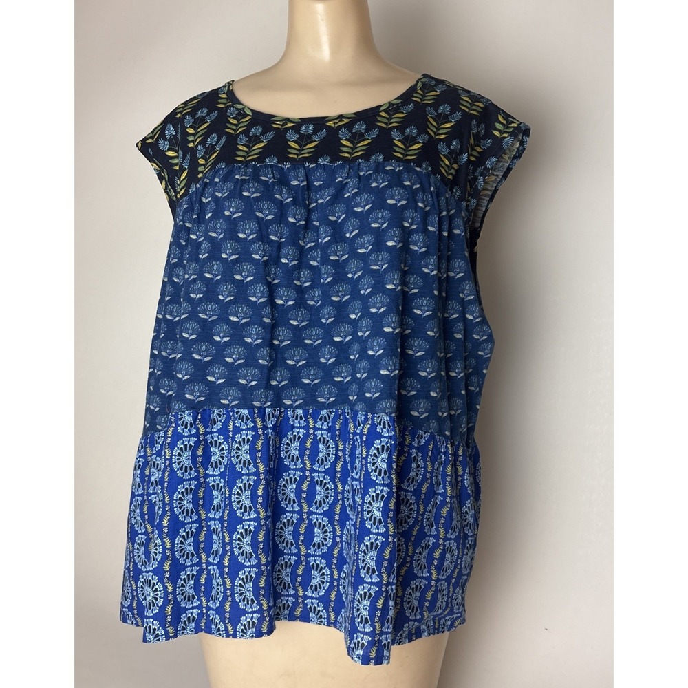 Style & Co Womens 2X Cap Sleeve Top blue mixed patterns cotton linen blend
